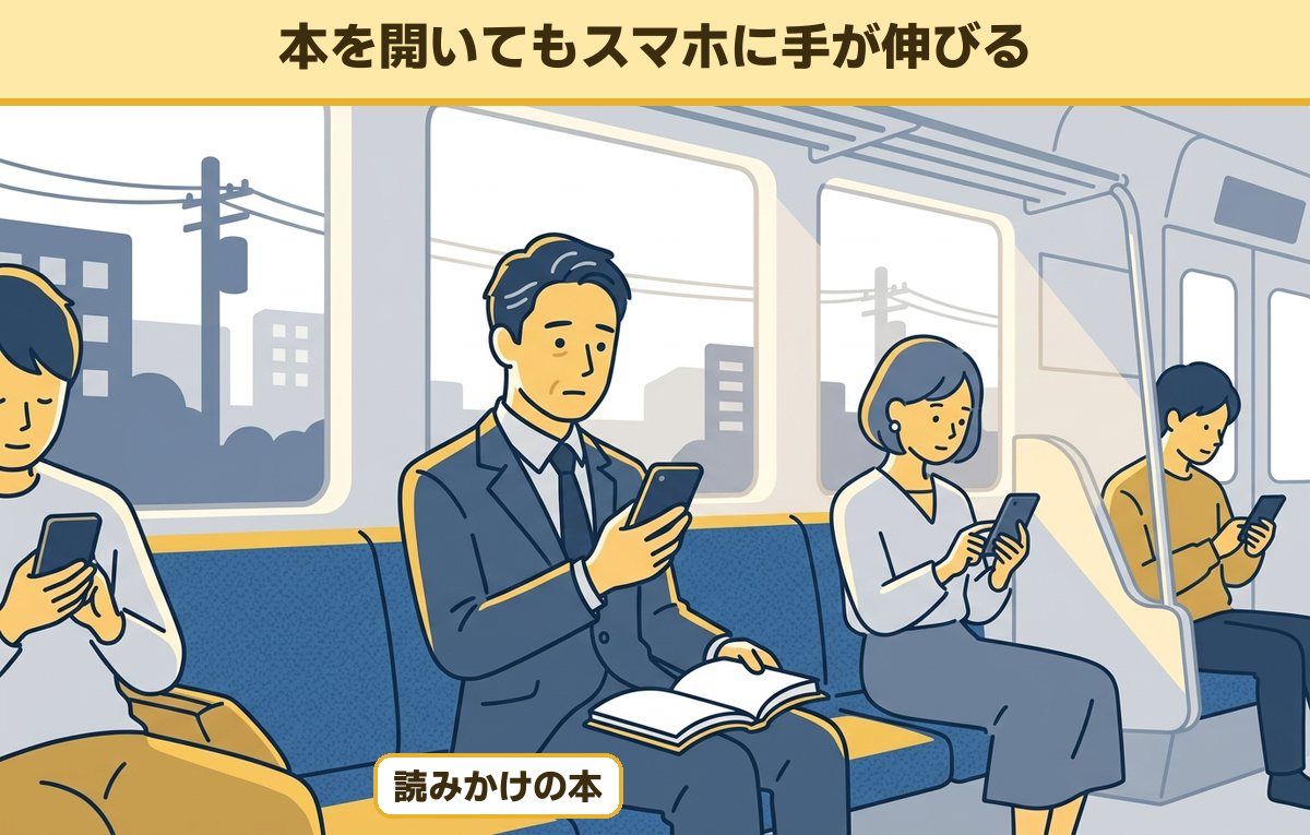 通勤電車で本を膝に開いたまま、スマホを見てしまう40代の会社員のイメージ