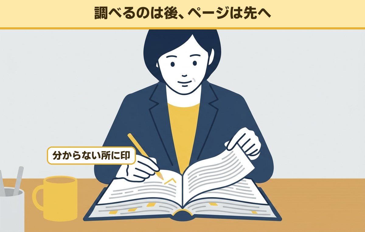 分からない所に鉛筆で小さく印を付けながら、止まらずにページをめくって読み進める40代の女性