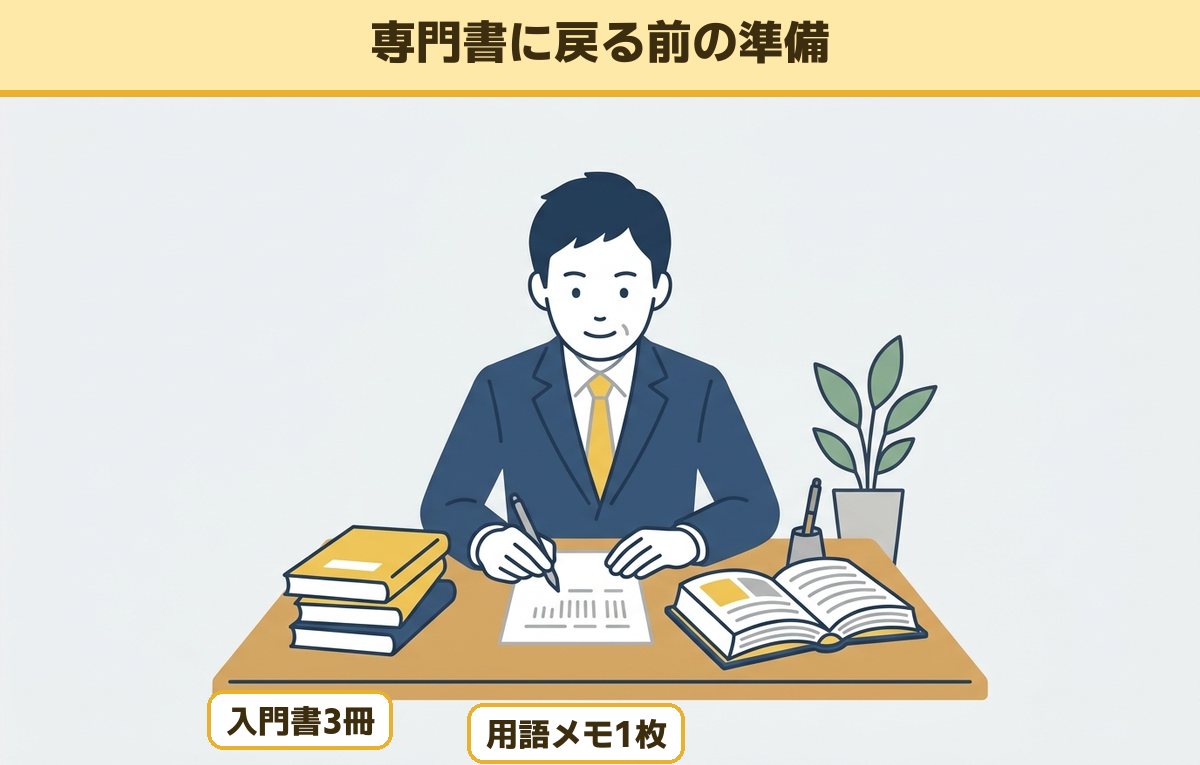 入門書を3冊積んだ机で、専門書を開いたまま自分用の用語メモを1枚の紙に書いている40代の会社員