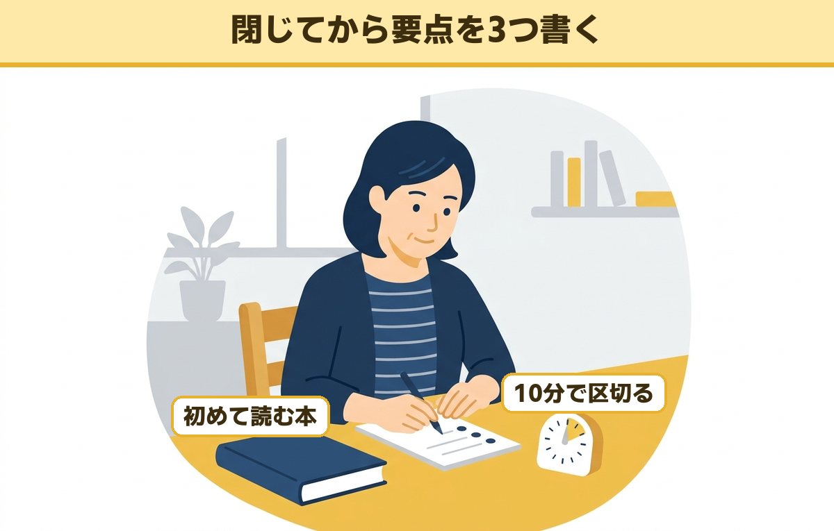 本を閉じてタイマーを横に置き、メモに要点を書き出す40代の女性