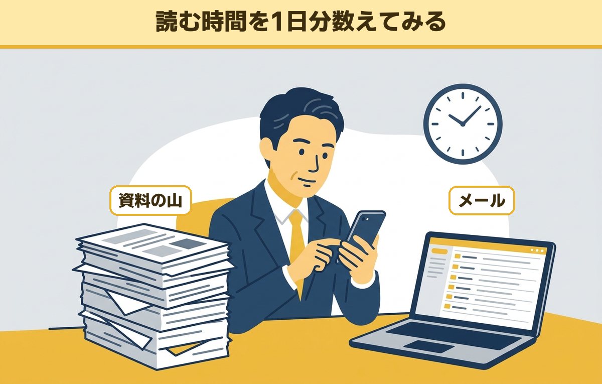 資料の山とメールが開いたノートパソコンの前で、スマホを見る40代後半の会社員