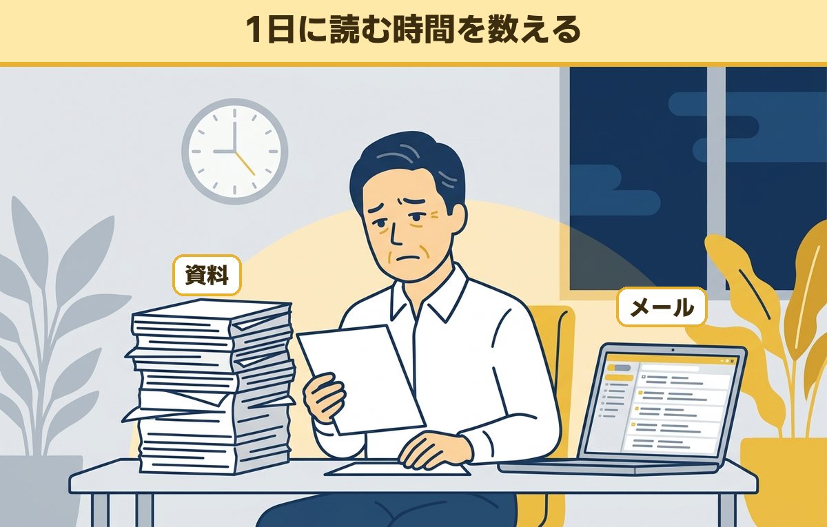 資料の山とメールが開いたノートパソコンの前で、書類を手に疲れた顔をする50代の会社員