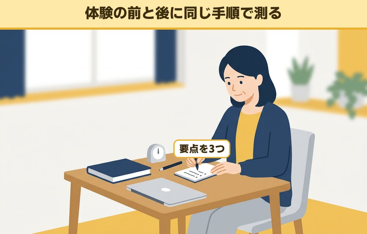 本を閉じてタイマーを横に置き、メモに要点を書き出す40代の女性
