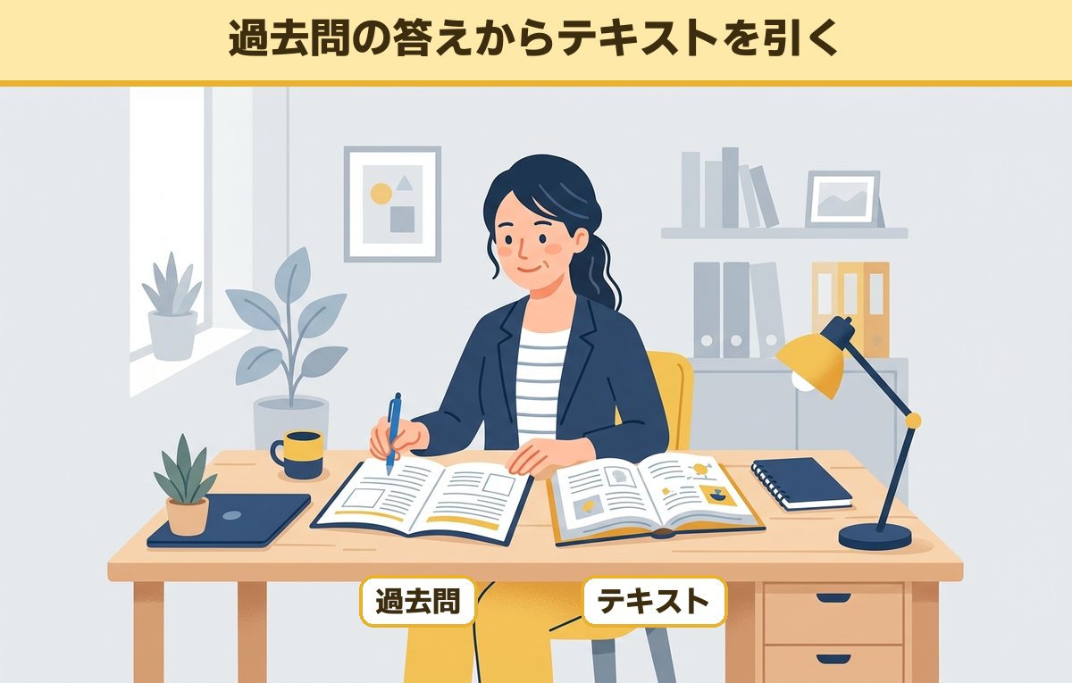 机に過去問とテキストを並べてペンで答えに当たる箇所を確かめる40代の女性会社員
