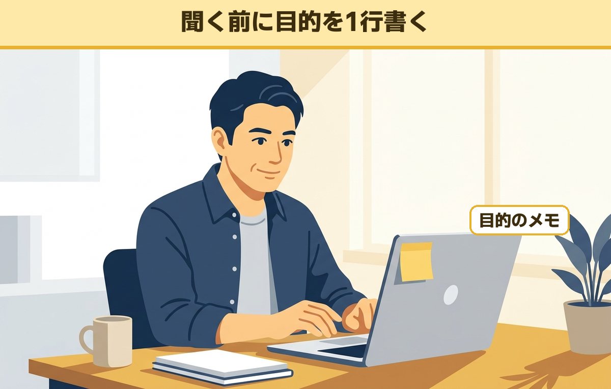 ノートパソコンの画面の端に黄色い付箋を貼り、落ち着いた顔でキーボードに向かう40代の男性