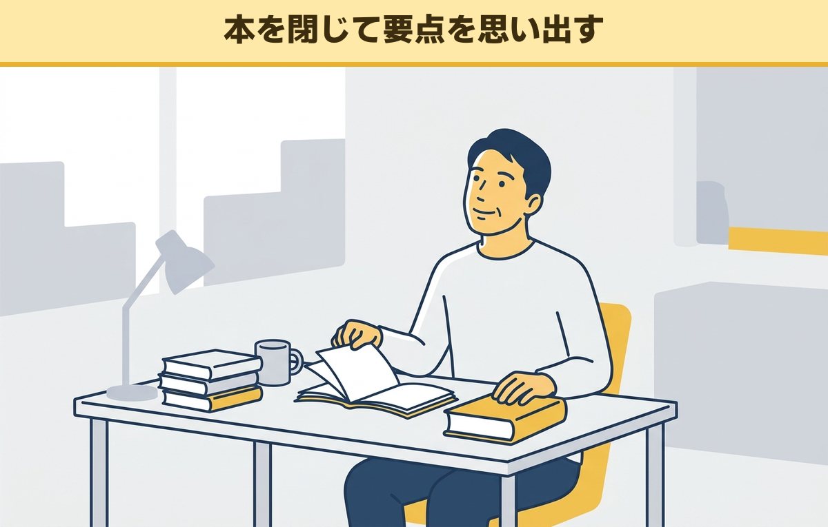 机で読み終えたテキストを閉じて書いてあった要点を思い出そうとする50代の男性会社員