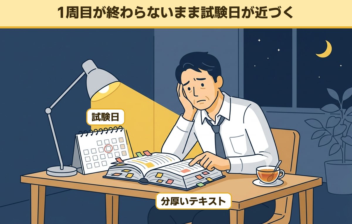 夜の自宅の机で付せんだらけの分厚いテキストと試験日に丸をつけたカレンダーを前に困る40代の男性会社員