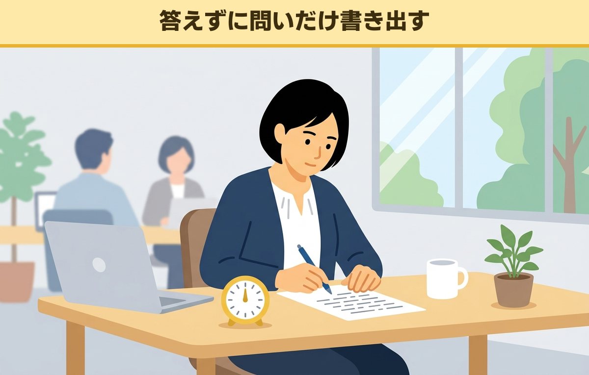 机に小さなタイマーを置き、紙に短い行をペンで次々と書いていく40代の女性