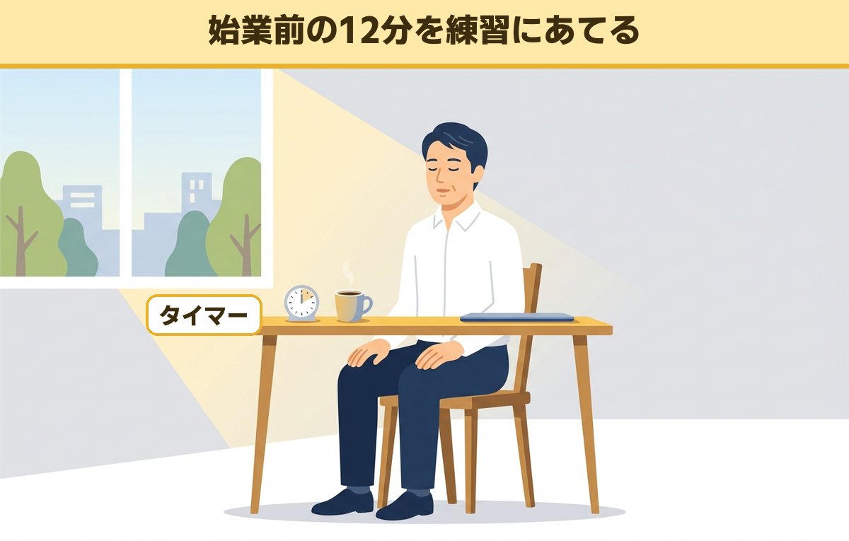 始業前に机の前で椅子に座り、タイマーを置いて目を閉じて呼吸を整えている40代の会社員
