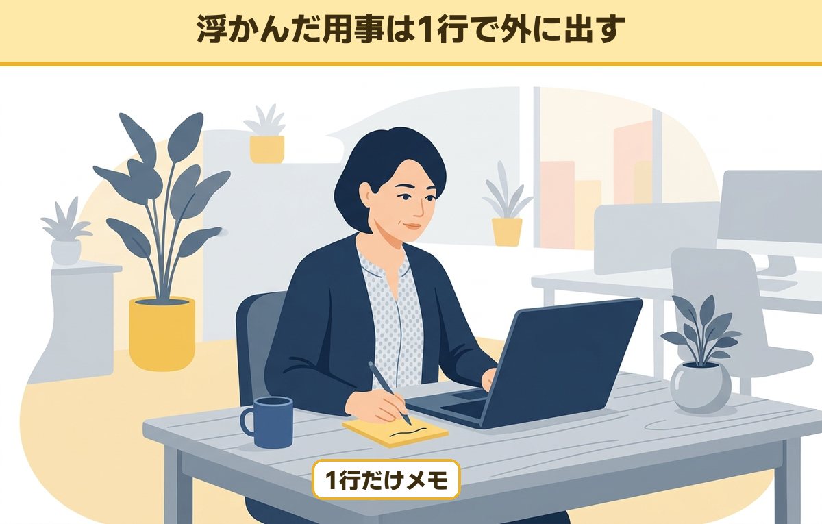 パソコンで資料を作りながら、手元の小さなメモ用紙に1行だけ書き留めている40代の女性