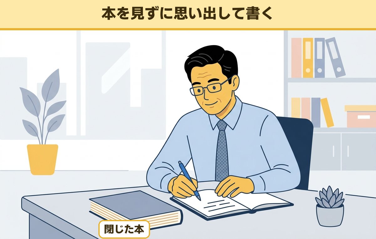 読み終えた本を閉じて机に置き、ノートに要点を短く書き出している50代の会社員