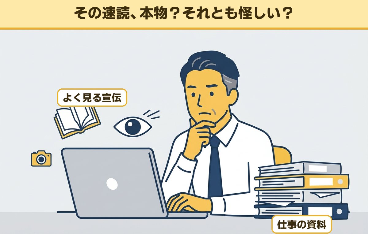 ページをめくる本や目のトレーニングなどの速読の宣伝を前に、本物かどうか迷っている40代の会社員