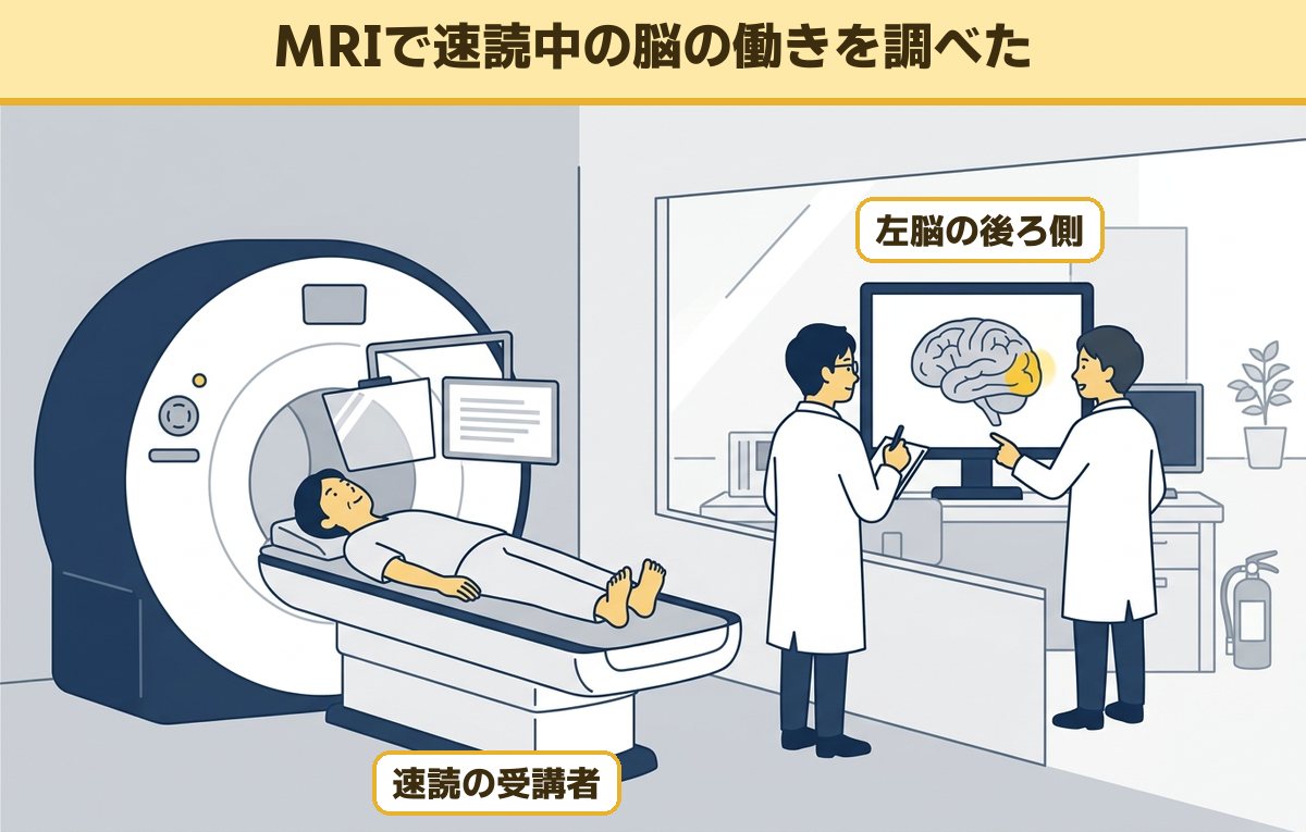 MRIの中で文章を読む速読の受講者と、脳の画像を確かめる研究者