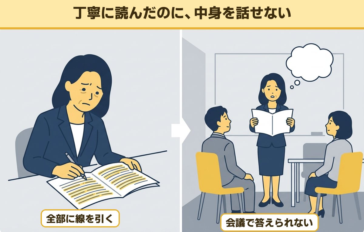 資料の全部の行に線を引きながら読んだ会社員が、会議で中身を聞かれて答えられずにいる様子