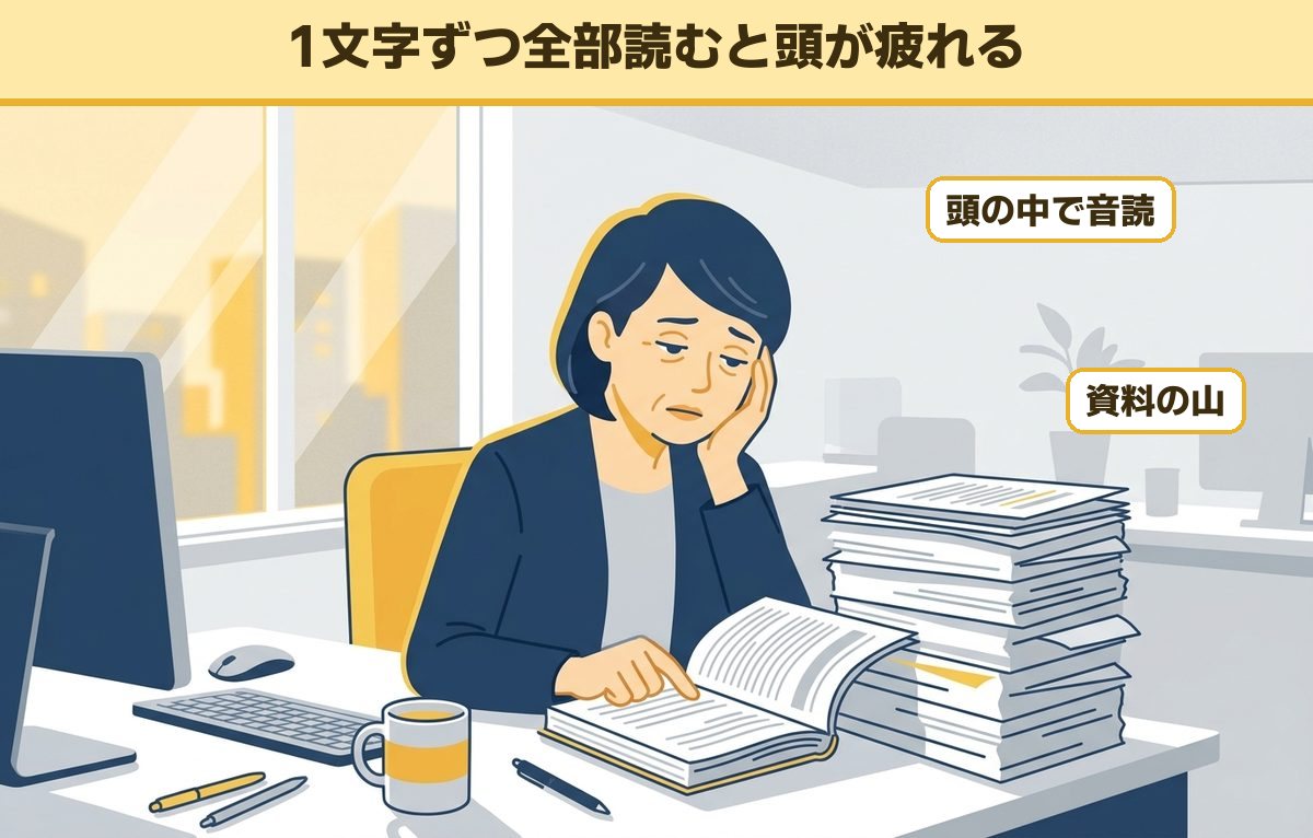 資料の山の横で、文章を指で1行ずつたどりながら読み、眠そうに頬杖をつく50代の会社員