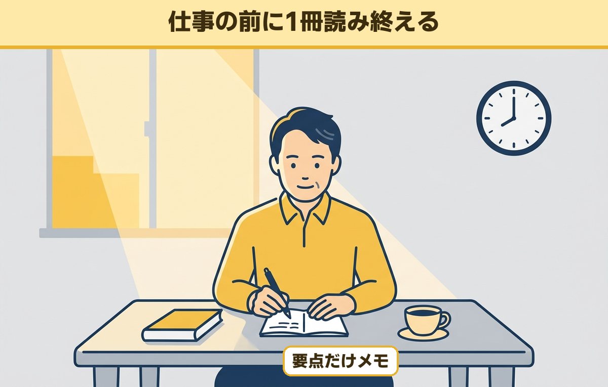 出勤前の朝、本を読み終えてコーヒーを横に手帳へ要点をメモする40代の会社員