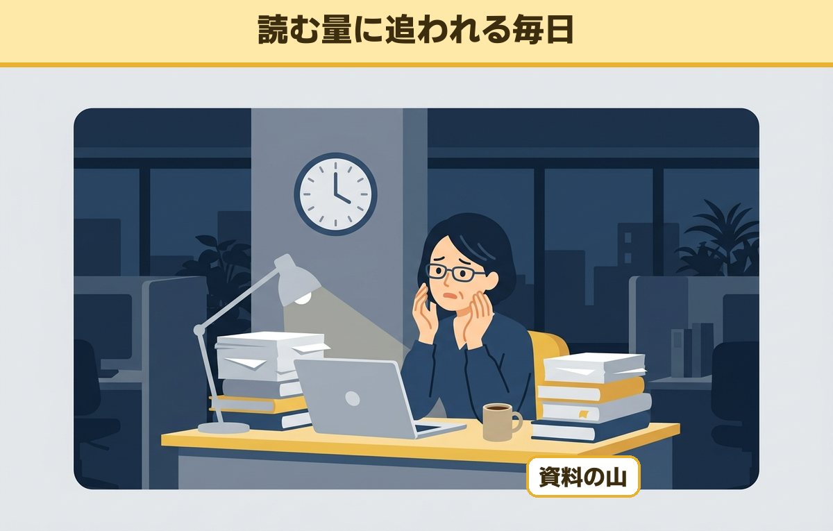夜のオフィスで資料と本の山を前に、時計を見て困っている40代の会社員