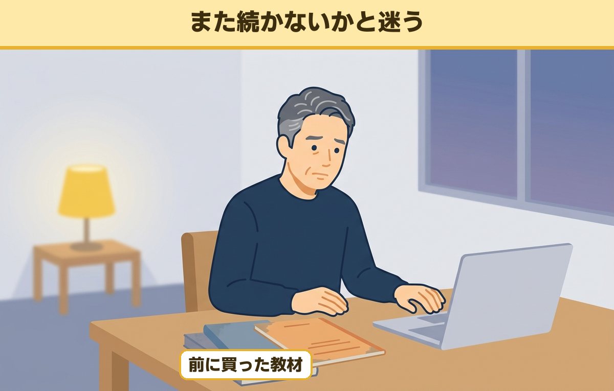 自宅の机で、前に買った速読の教材を前にノートパソコンを開いて迷っている50代の男性