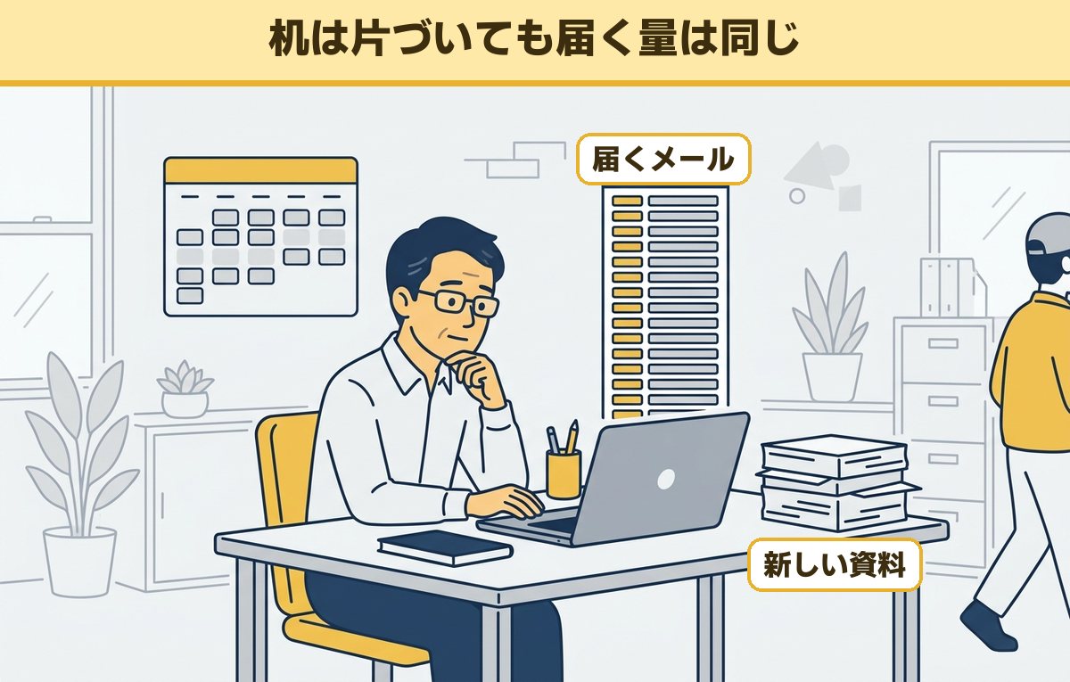 片づいた机で予定も整っているのに、画面に並ぶメールと新しく届いた資料を見て考え込む50代の会社員