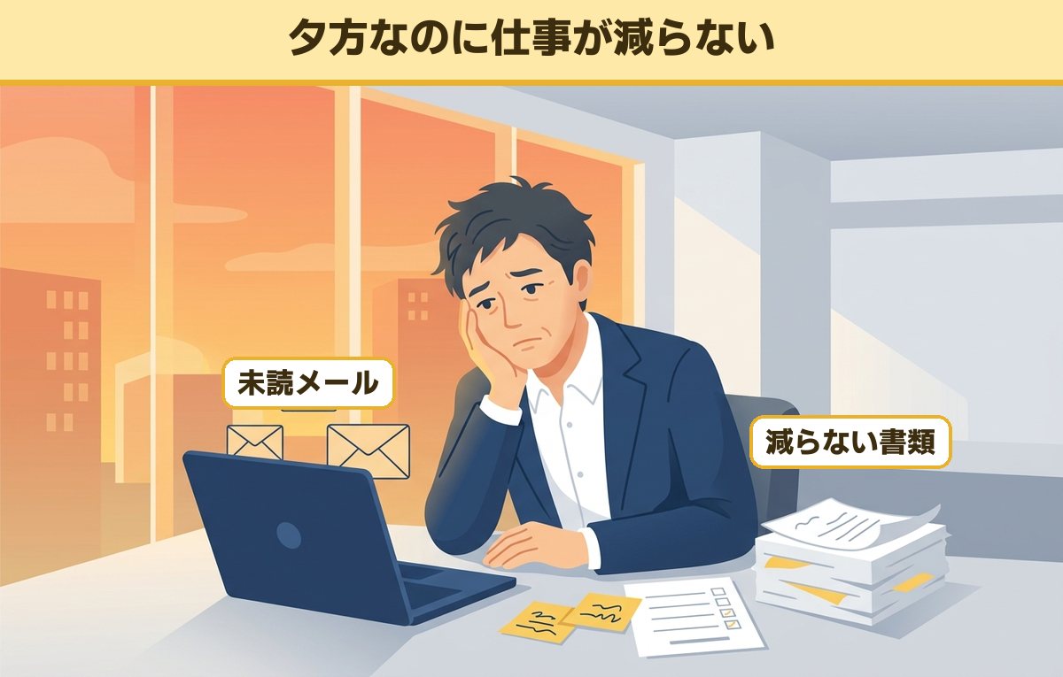 夕方のオフィスで、未読メールと書類の山を前にほおづえをついて困っている40代の会社員