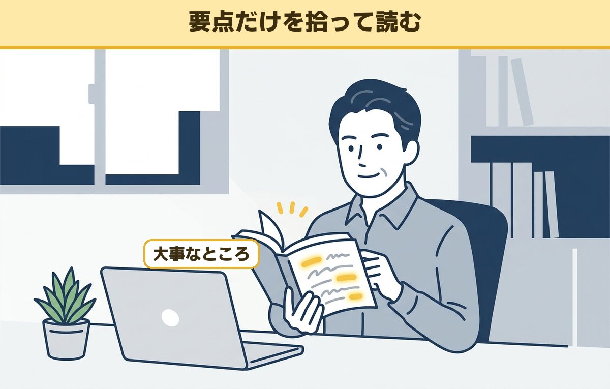 職場の机で、ページの大事なところだけが光って見える本をリラックスして読む40代の会社員のイメージ