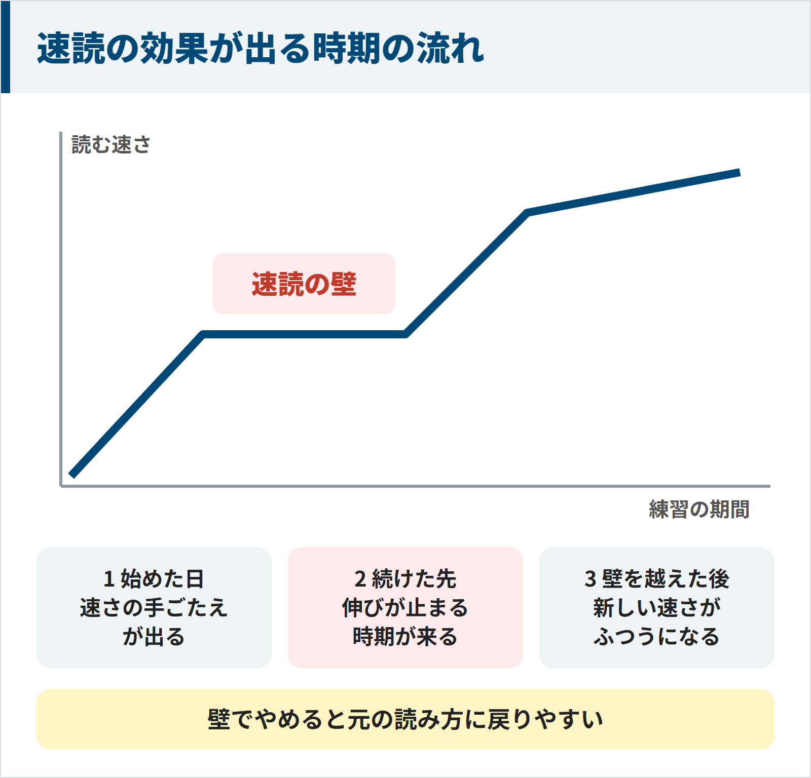 速読の効果が出る時期の流れを表したグラフ。練習を始めた日に速さの手ごたえが出て、続けた先で伸びが止まる速読の壁が来る。壁を越えると新しい速さがふつうになる。壁でやめると元の読み方に戻りやすい。