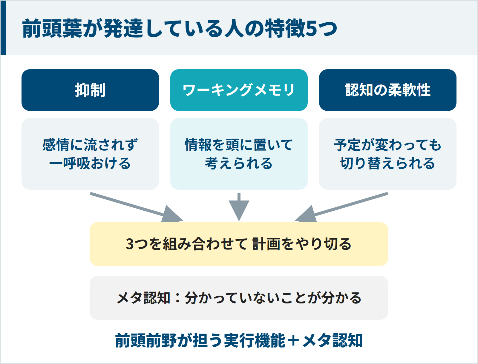 抑制・ワーキングメモリ・認知の柔軟性の3つの働きと、計画をやり切る力、メタ認知の5つが前頭葉が発達している人の特徴になる図